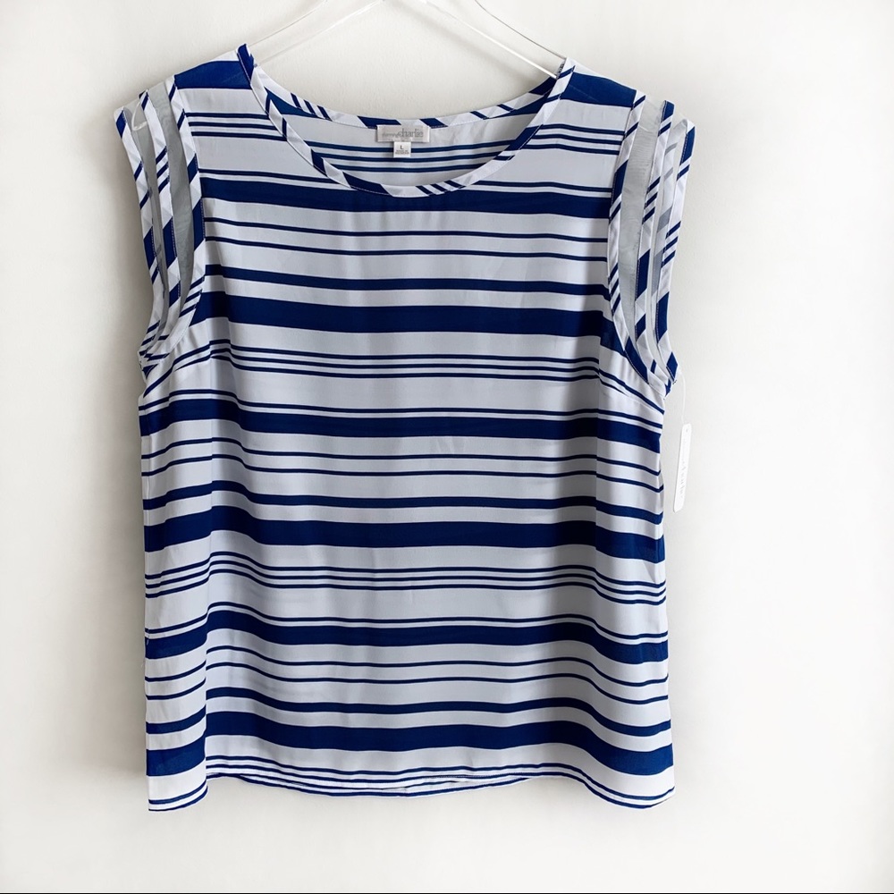 Charming Charlie Sleeveless Blouse White Blue Lrg